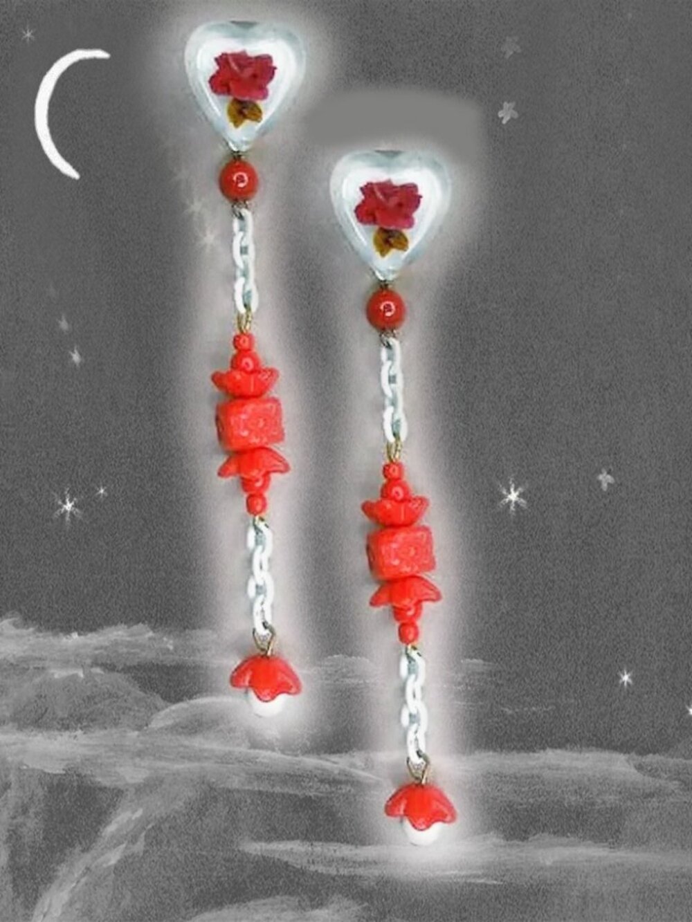 Red Long Dangle Earrings,Lucite Roses Hearts, Recycled Vintage Fairycore